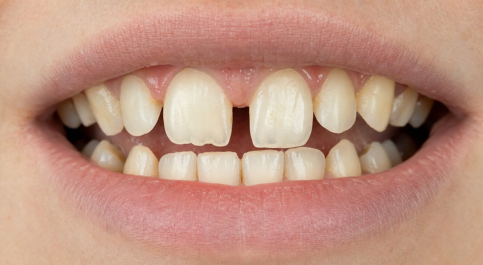 Before Invisalign — mild crowding and midline gap