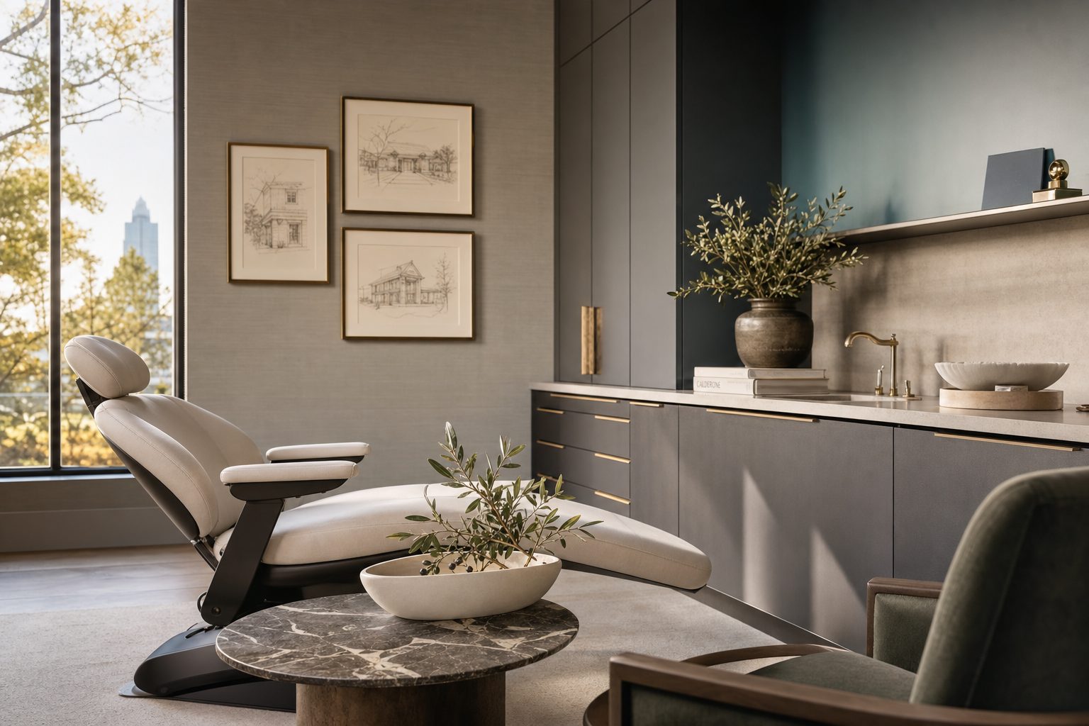 A calm, modern cosmetic dental consultation room with slate cabinetry, warm daylight, and a single treatment chair — District Dentistry, Charlotte NC.