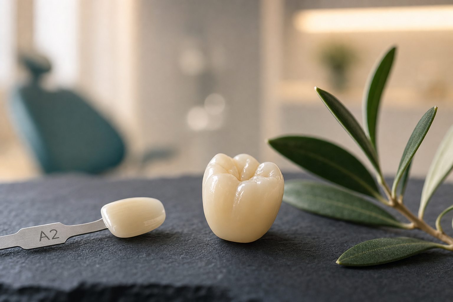 A precise dental tray with porcelain restoration components arranged on a slate counter in soft natural light — District Dentistry, Charlotte NC.