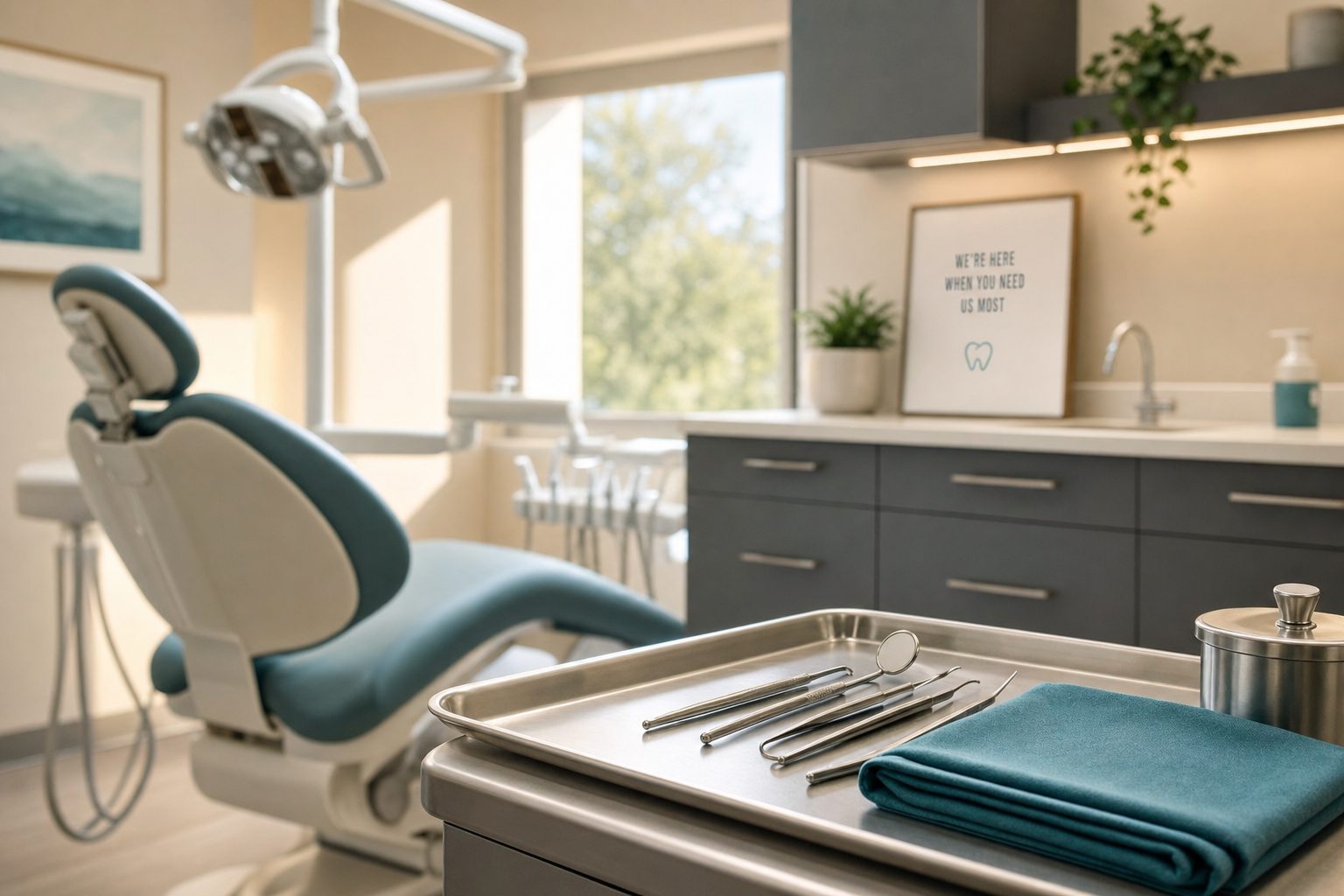 A calm dental treatment room with soft daylight, a single chair, and a clinician's tray ready for an emergency visit — District Dentistry, Charlotte NC.