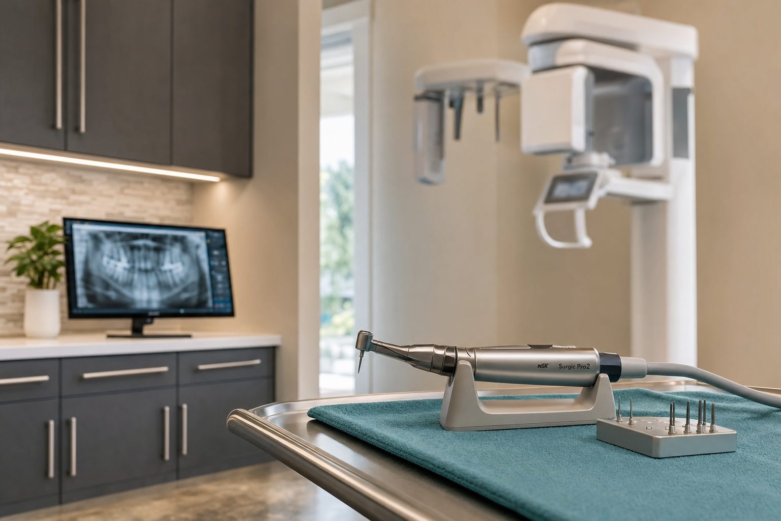 A clean dental implant treatment room with a surgical micromotor on a stainless tray and a CBCT 3D imaging machine in the background — District Dentistry, Charlotte NC.