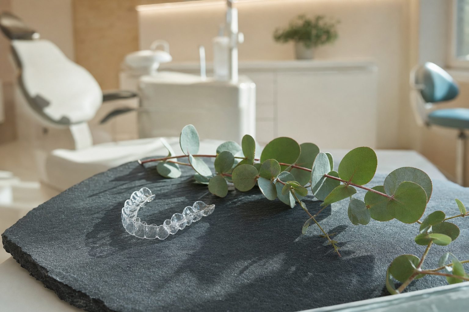 A set of clear Invisalign trays in their carrying case on a slate countertop with soft natural daylight — District Dentistry, Charlotte NC.