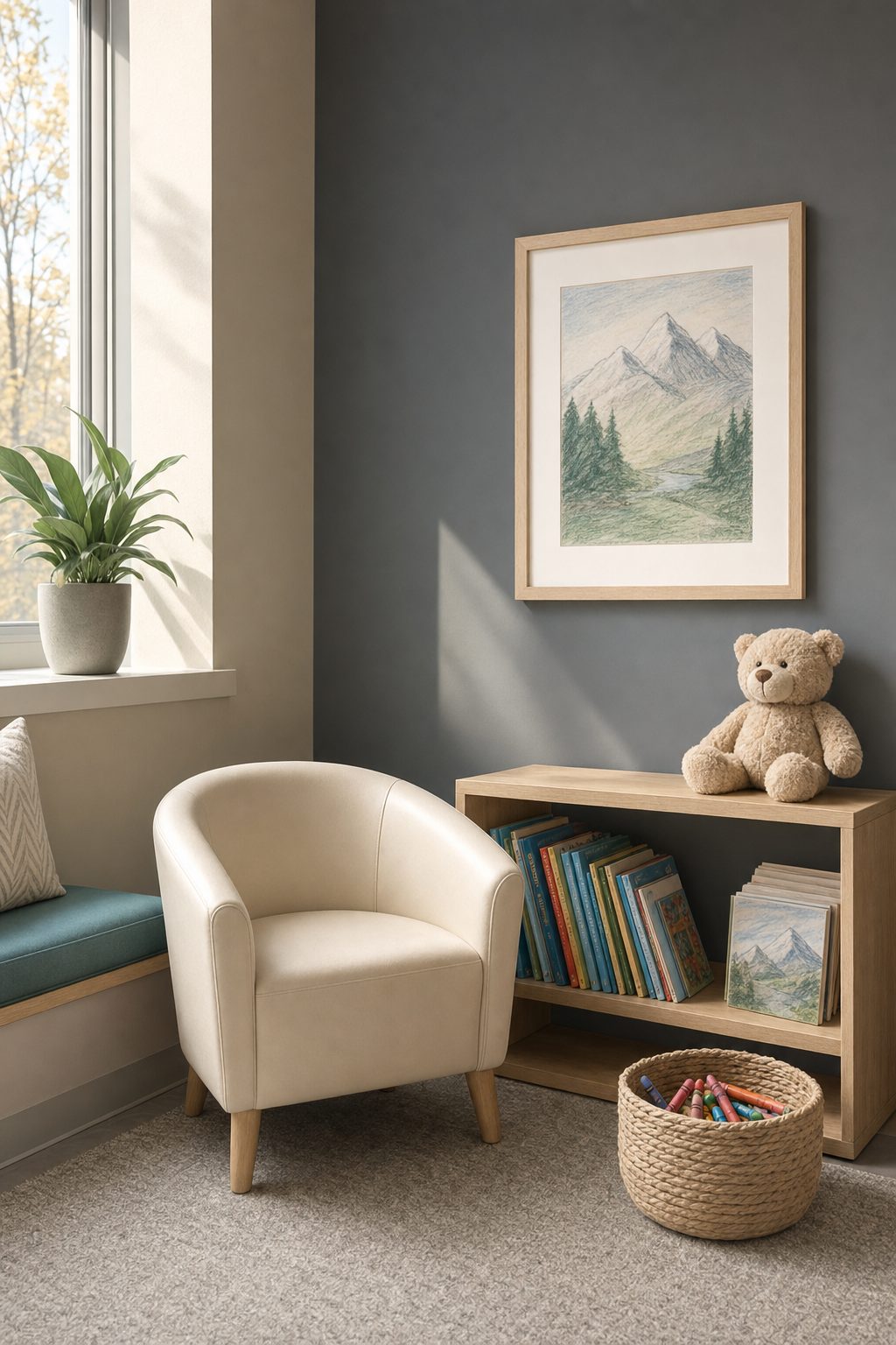 A welcoming pediatric dental room with a calm chair, soft natural light, and warm wood accents — District Dentistry, Charlotte NC.