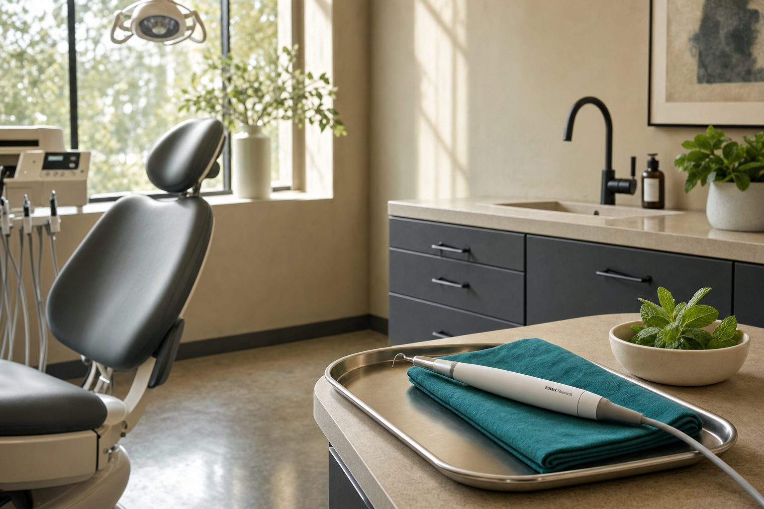 A bright, calm hygiene operatory with a single chair, slate cabinetry, and soft daylight — District Dentistry, Charlotte NC.