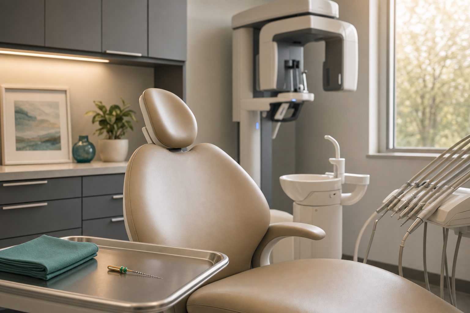 A modern dental treatment room with focused operatory light, slate cabinetry, and calm daylight — District Dentistry, Charlotte NC.