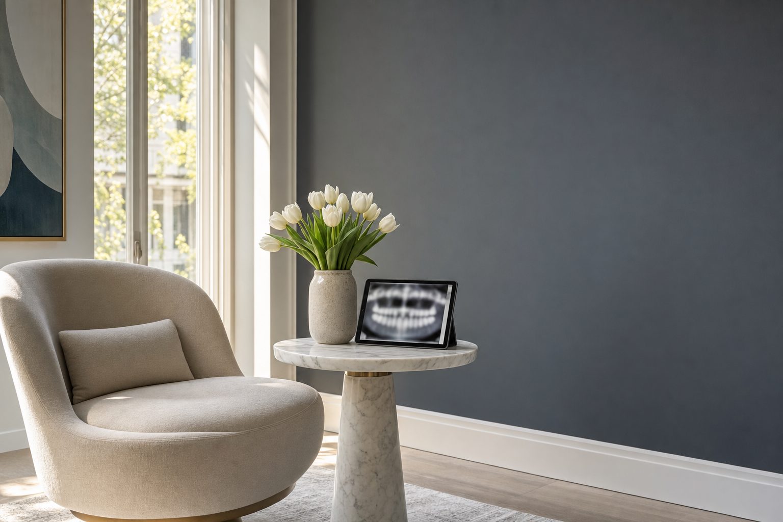 A bone-colored armchair beside a marble side table with white tulips and a tablet showing a digital smile rendering — a serene smile design consultation space at District Dentistry, Charlotte NC.