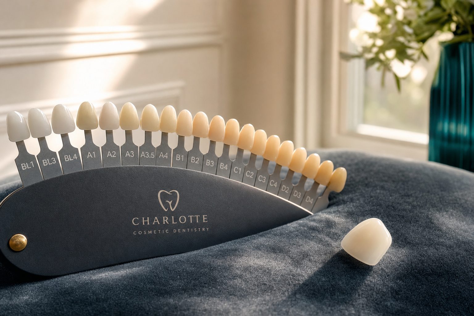 A porcelain veneer shade guide and a single ivory ceramic veneer on a slate slab with warm window light — District Dentistry, Charlotte NC.