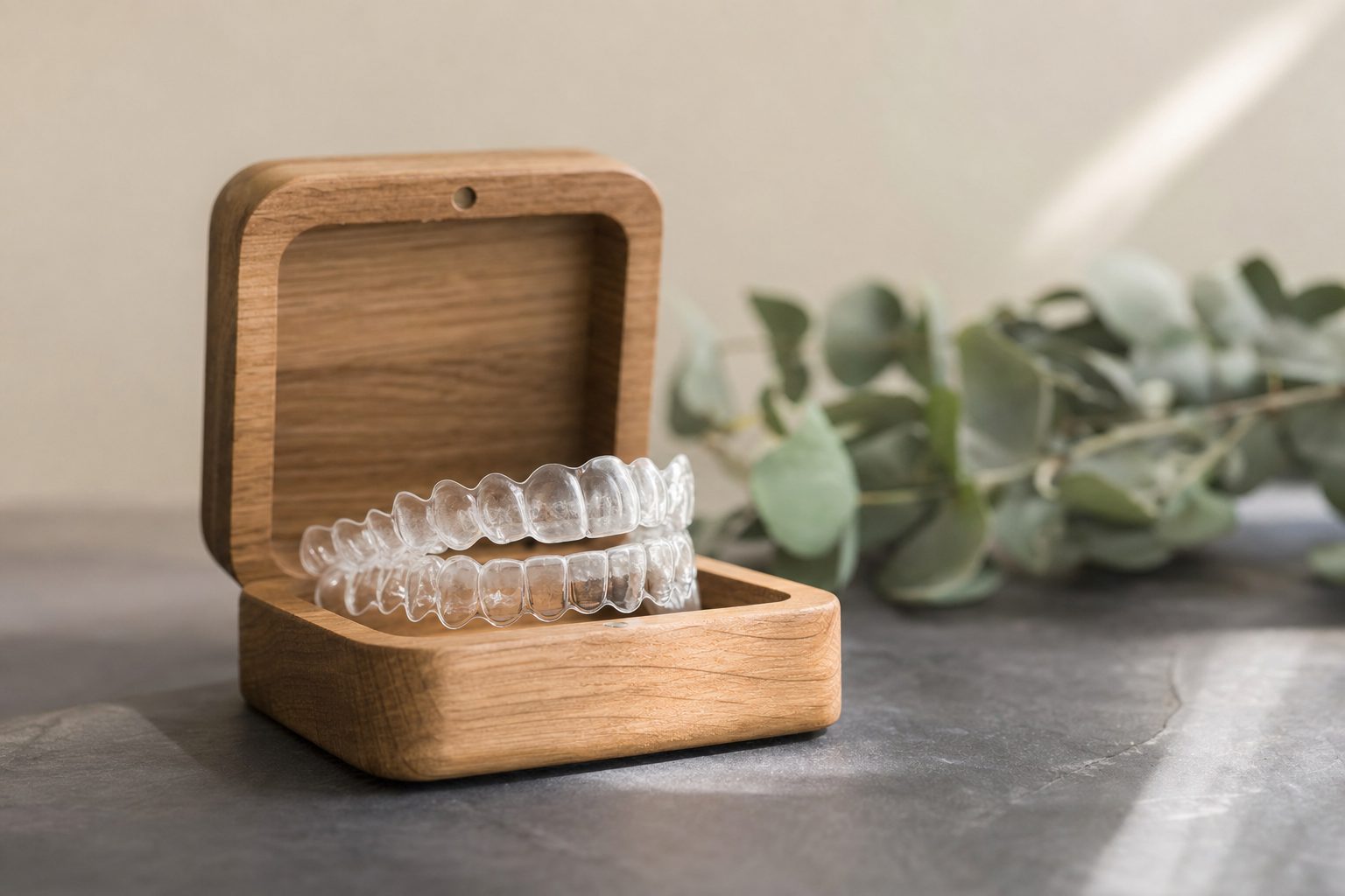 Two clear orthodontic aligner trays resting open inside a soft-textured travel case.