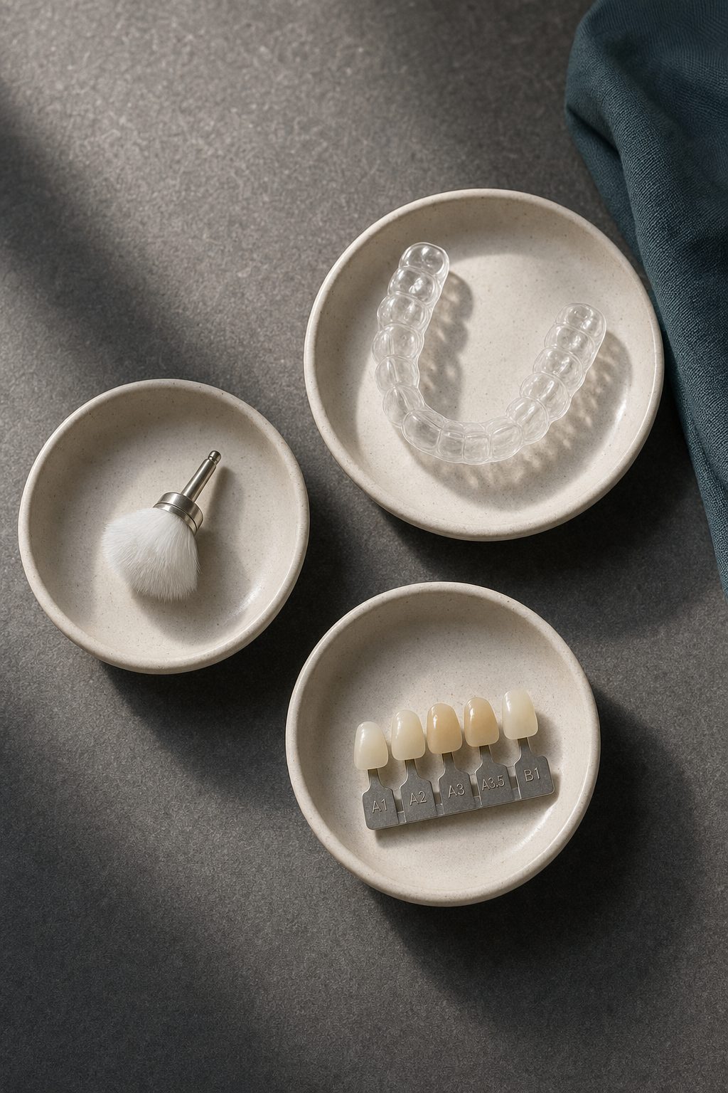 Three small ceramic dishes holding a whitening tray, polishing brush, and shade tabs for cosmetic dental work.