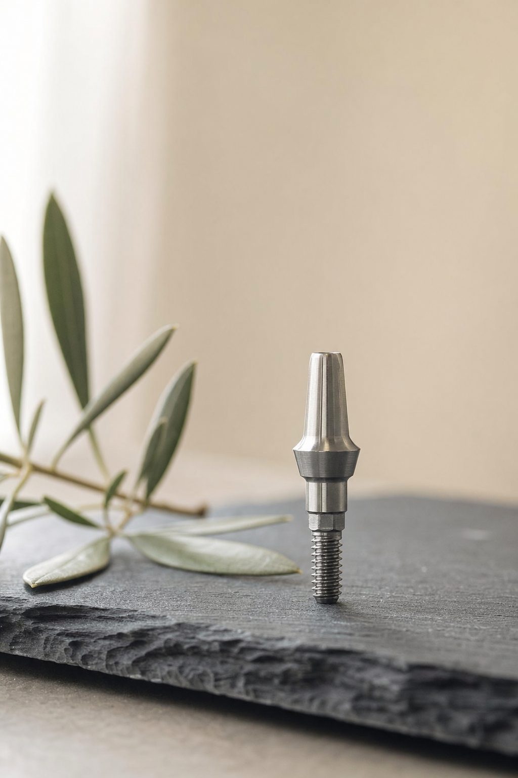 A single titanium implant abutment standing on a slate slab beside an olive sprig.