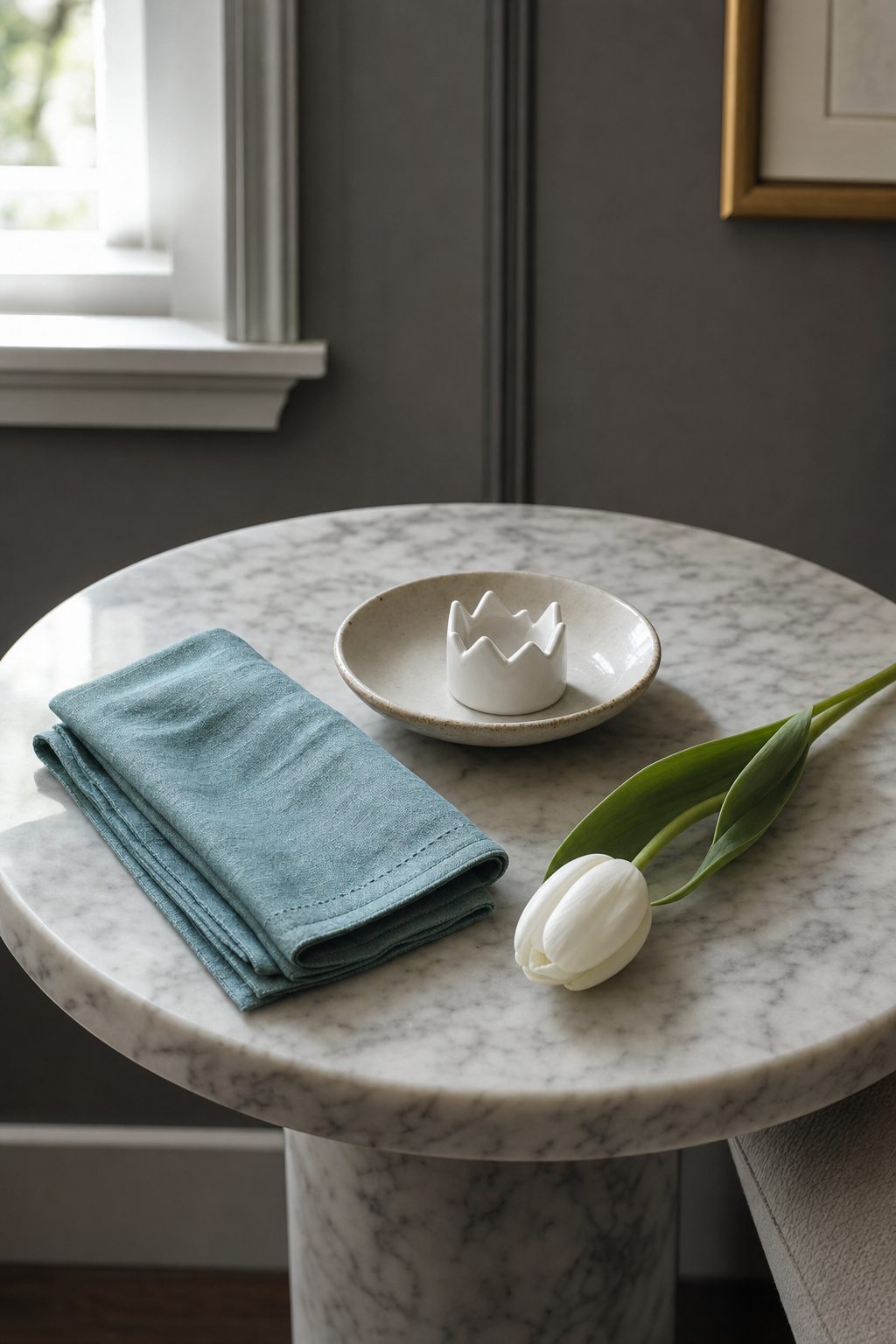 A marble side table holding a folded teal linen napkin, a ceramic dish with a white ceramic crown sample, and a single white tulip.