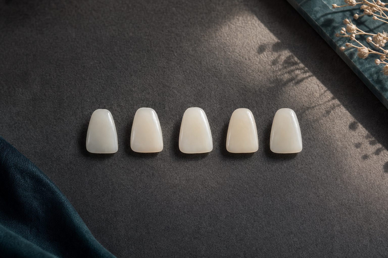 A row of five porcelain veneer test pieces, each a slightly different ivory shade.